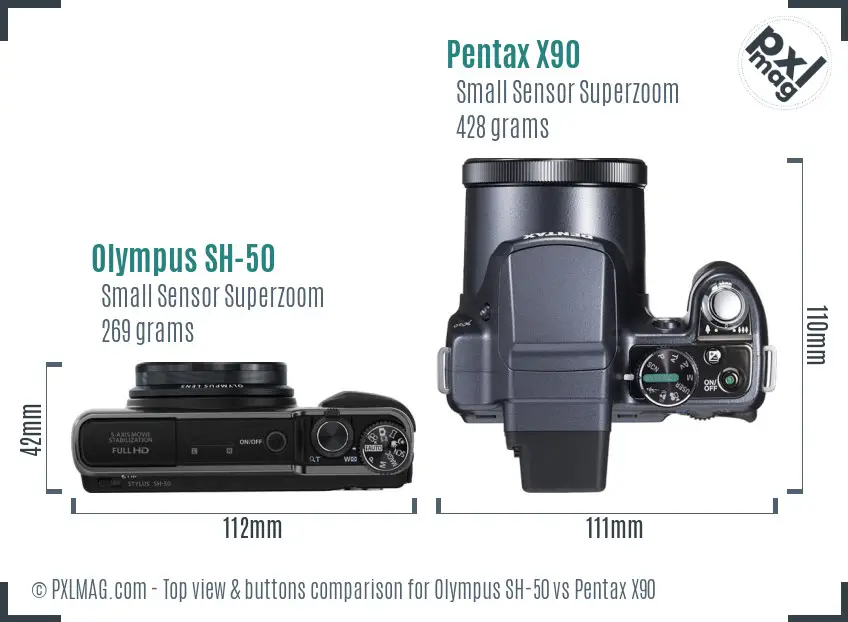 Olympus SH-50 vs Pentax X90 top view buttons comparison
