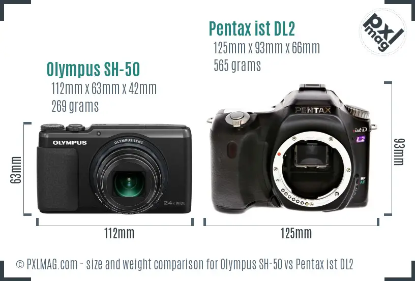 Olympus SH-50 vs Pentax ist DL2 size comparison