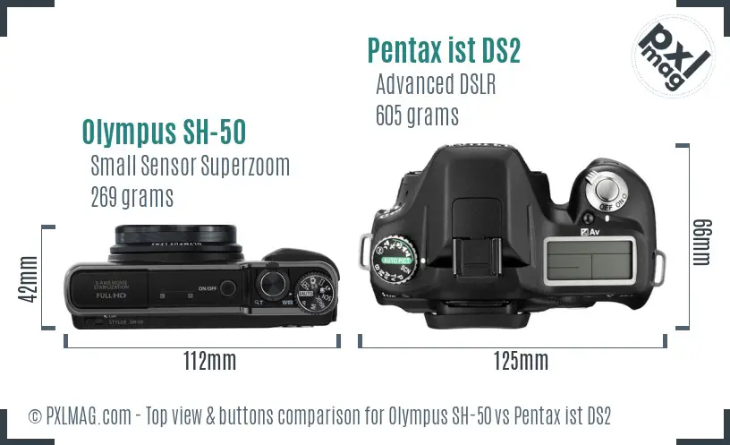Olympus SH-50 vs Pentax ist DS2 top view buttons comparison