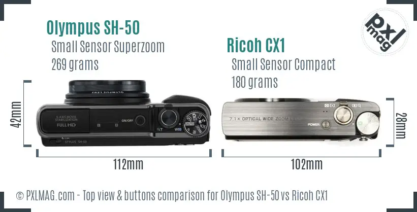 Olympus SH-50 vs Ricoh CX1 top view buttons comparison