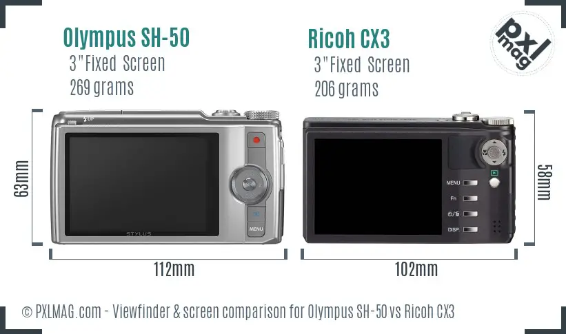 Olympus SH-50 vs Ricoh CX3 Screen and Viewfinder comparison