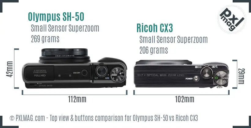 Olympus SH-50 vs Ricoh CX3 top view buttons comparison