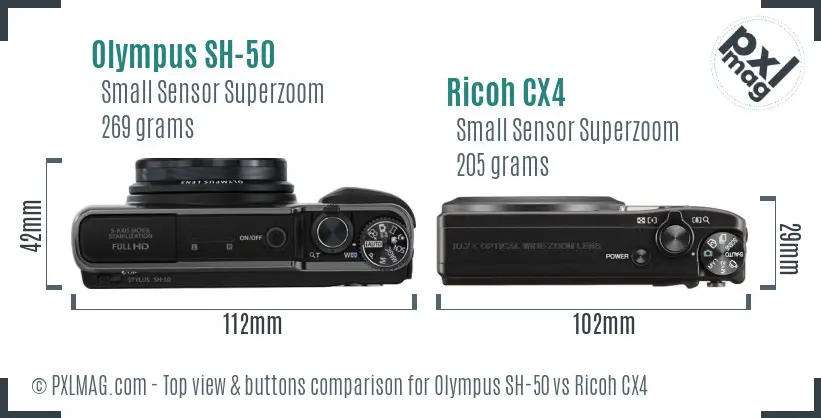 Olympus SH-50 vs Ricoh CX4 top view buttons comparison