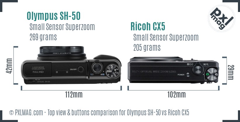 Olympus SH-50 vs Ricoh CX5 top view buttons comparison