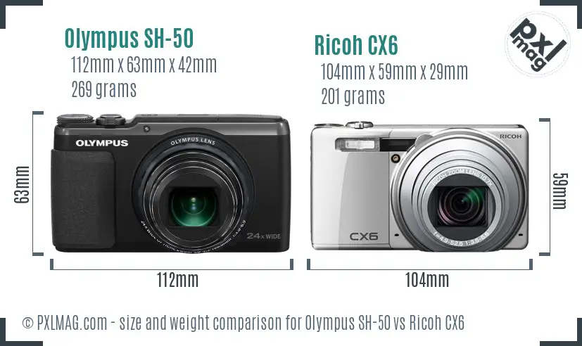 Olympus SH-50 vs Ricoh CX6 size comparison Olympus SH-50 vs Ricoh CX6 size comparison