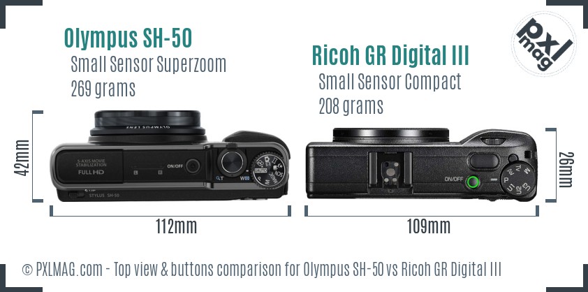 Olympus SH-50 vs Ricoh GR Digital III top view buttons comparison