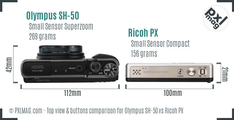 Olympus SH-50 vs Ricoh PX top view buttons comparison