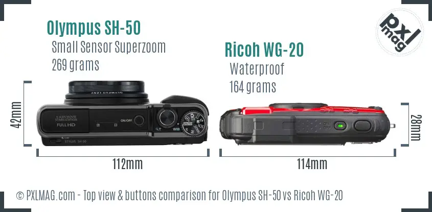 Olympus SH-50 vs Ricoh WG-20 top view buttons comparison Olympus SH-50 vs Ricoh WG-20 top view buttons comparison