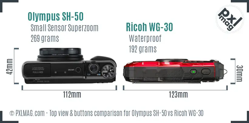 Olympus SH-50 vs Ricoh WG-30 top view buttons comparison