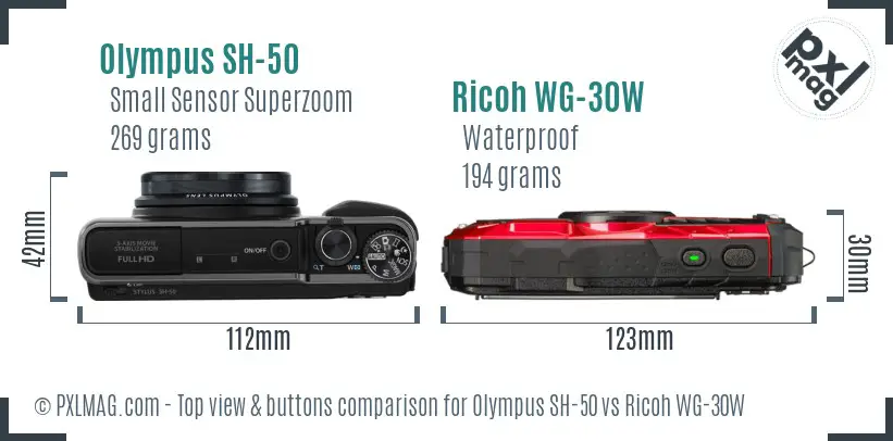 Olympus SH-50 vs Ricoh WG-30W top view buttons comparison