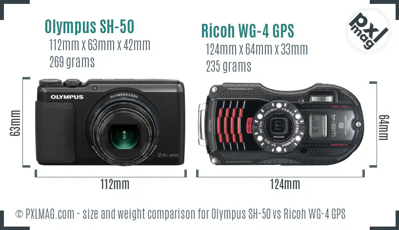 Olympus SH-50 vs Ricoh WG-4 GPS size comparison Olympus SH-50 vs Ricoh WG-4 GPS size comparison