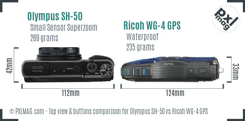 Olympus SH-50 vs Ricoh WG-4 GPS top view buttons comparison Olympus SH-50 vs Ricoh WG-4 GPS top view buttons comparison