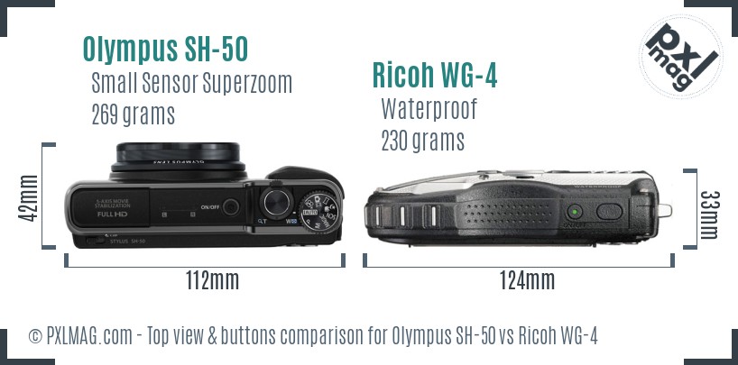 Olympus SH-50 vs Ricoh WG-4 top view buttons comparison
