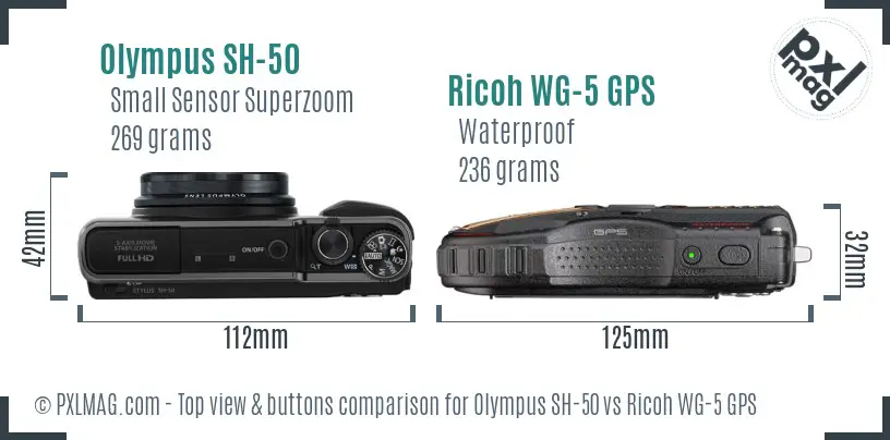 Olympus SH-50 vs Ricoh WG-5 GPS top view buttons comparison