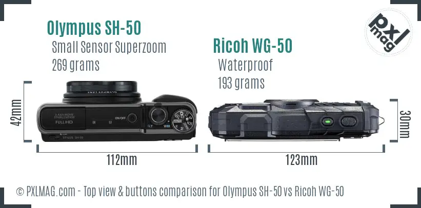 Olympus SH-50 vs Ricoh WG-50 top view buttons comparison