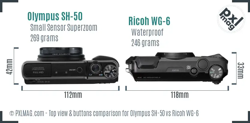 Olympus SH-50 vs Ricoh WG-6 top view buttons comparison Olympus SH-50 vs Ricoh WG-6 top view buttons comparison