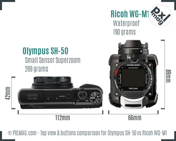 Olympus SH-50 vs Ricoh WG-M1 top view buttons comparison