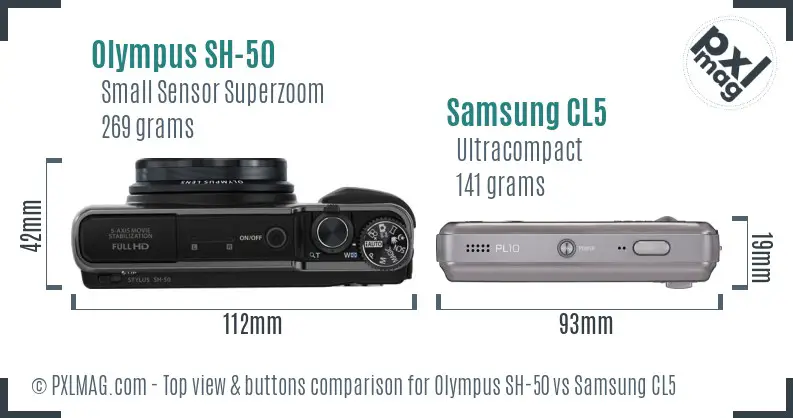 Olympus SH-50 vs Samsung CL5 top view buttons comparison Olympus SH-50 vs Samsung CL5 top view buttons comparison