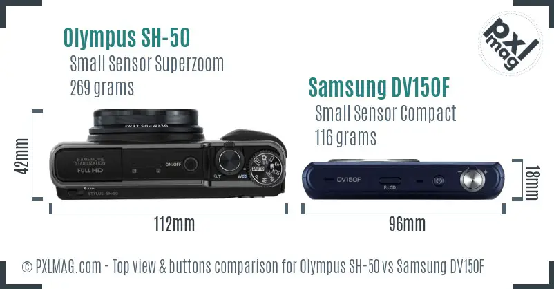 Olympus SH-50 vs Samsung DV150F top view buttons comparison