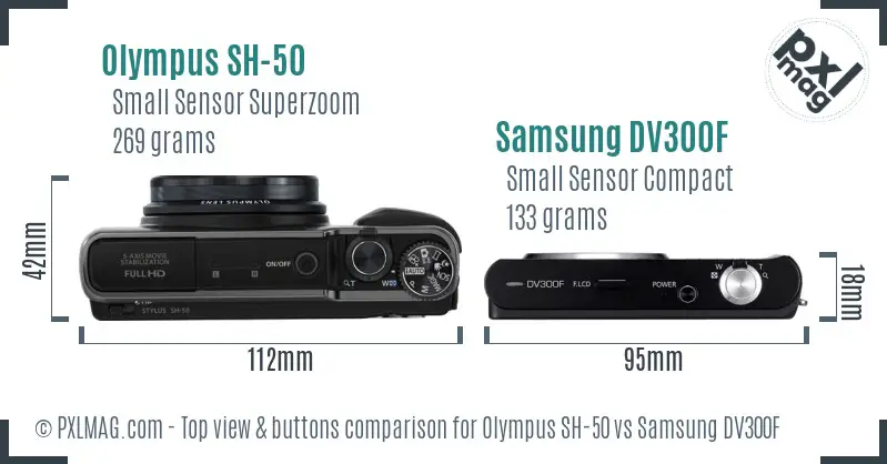 Olympus SH-50 vs Samsung DV300F top view buttons comparison Olympus SH-50 vs Samsung DV300F top view buttons comparison