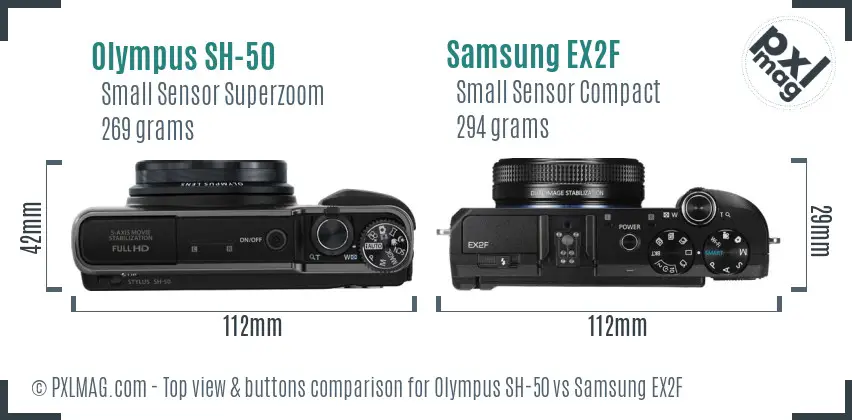 Olympus SH-50 vs Samsung EX2F top view buttons comparison
