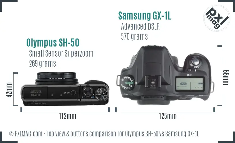 Olympus SH-50 vs Samsung GX-1L top view buttons comparison Olympus SH-50 vs Samsung GX-1L top view buttons comparison