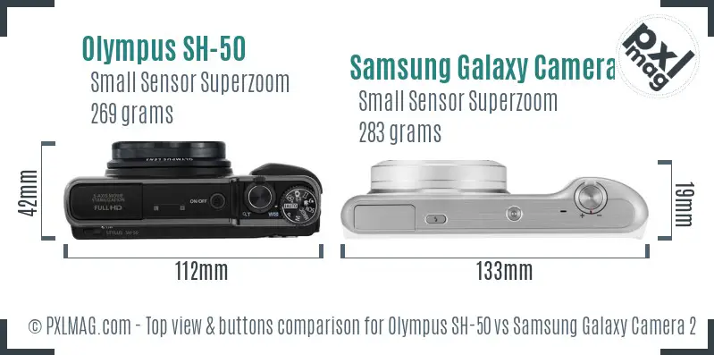 Olympus SH-50 vs Samsung Galaxy Camera 2 top view buttons comparison Olympus SH-50 vs Samsung Galaxy Camera 2 top view buttons comparison