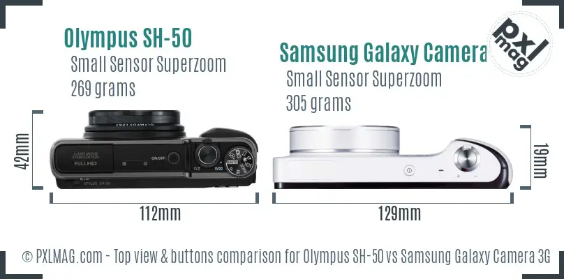 Olympus SH-50 vs Samsung Galaxy Camera 3G top view buttons comparison Olympus SH-50 vs Samsung Galaxy Camera 3G top view buttons comparison