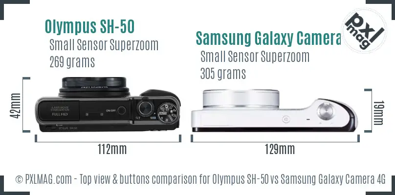 Olympus SH-50 vs Samsung Galaxy Camera 4G top view buttons comparison Olympus SH-50 vs Samsung Galaxy Camera 4G top view buttons comparison