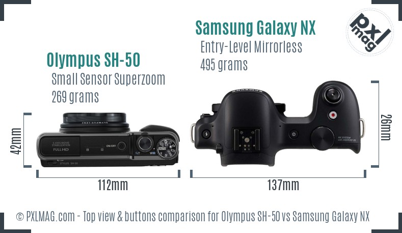 Olympus SH-50 vs Samsung Galaxy NX top view buttons comparison