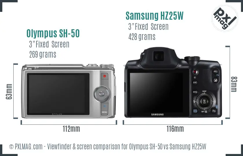 Olympus SH-50 vs Samsung HZ25W Screen and Viewfinder comparison