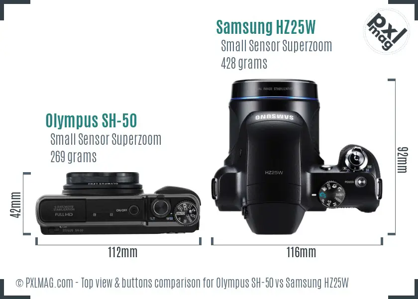 Olympus SH-50 vs Samsung HZ25W top view buttons comparison