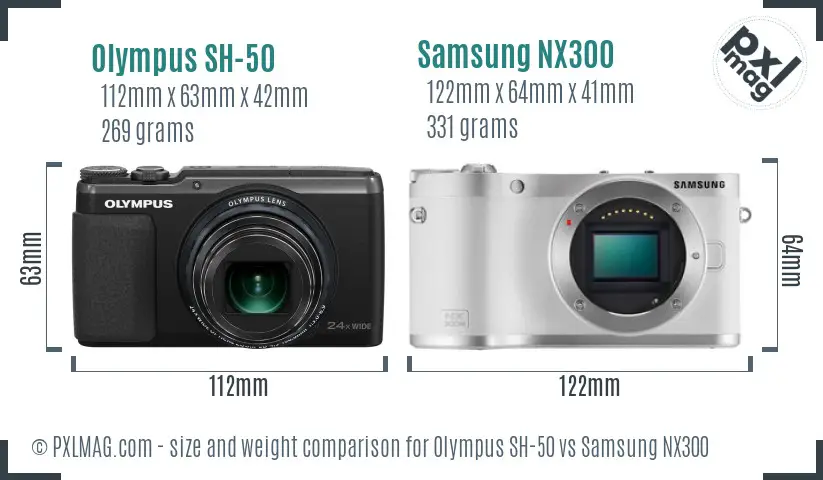 Olympus SH-50 vs Samsung NX300 size comparison