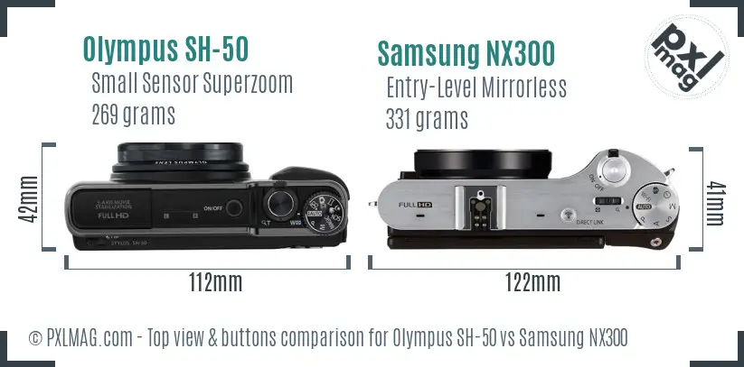 Olympus SH-50 vs Samsung NX300 top view buttons comparison