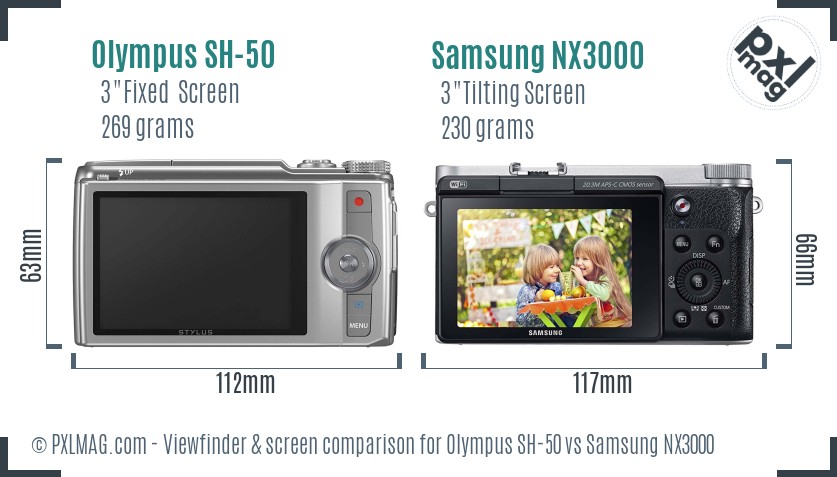 Olympus SH-50 vs Samsung NX3000 Screen and Viewfinder comparison