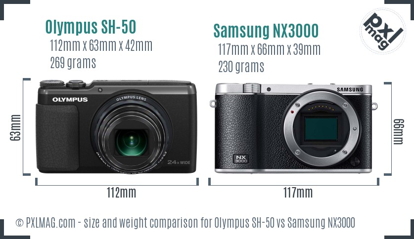 Olympus SH-50 vs Samsung NX3000 size comparison