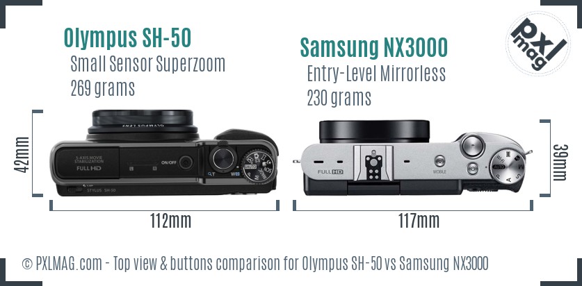 Olympus SH-50 vs Samsung NX3000 top view buttons comparison