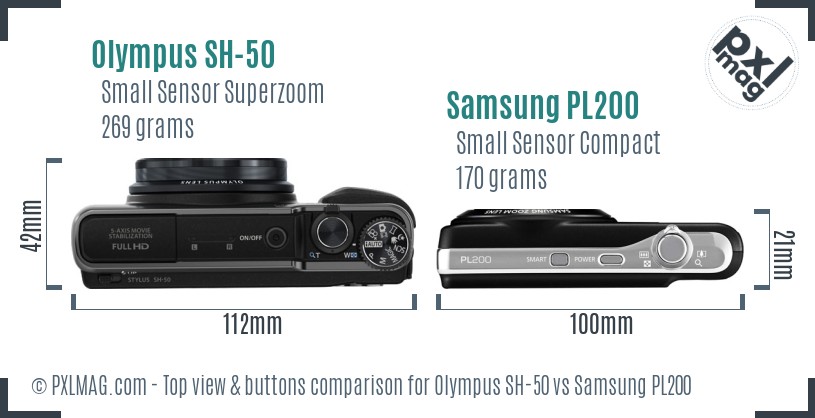 Olympus SH-50 vs Samsung PL200 top view buttons comparison
