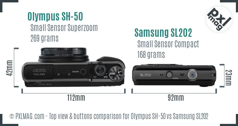 Olympus SH-50 vs Samsung SL202 top view buttons comparison