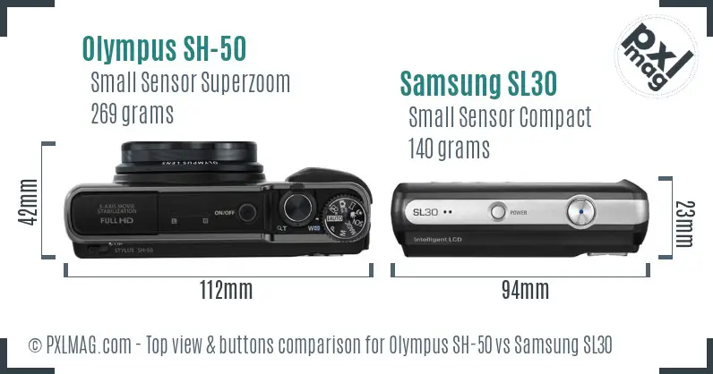 Olympus SH-50 vs Samsung SL30 top view buttons comparison