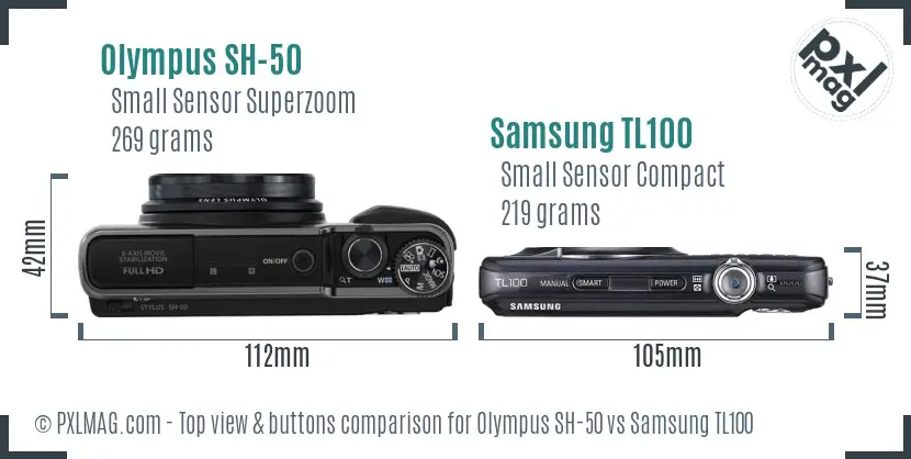 Olympus SH-50 vs Samsung TL100 top view buttons comparison Olympus SH-50 vs Samsung TL100 top view buttons comparison