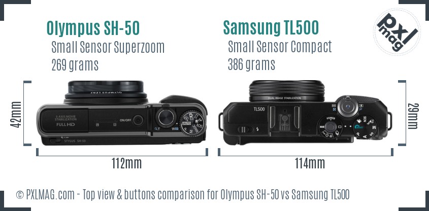 Olympus SH-50 vs Samsung TL500 top view buttons comparison