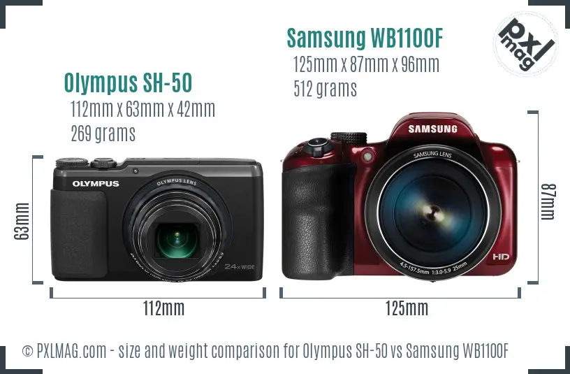 Olympus SH-50 vs Samsung WB1100F size comparison