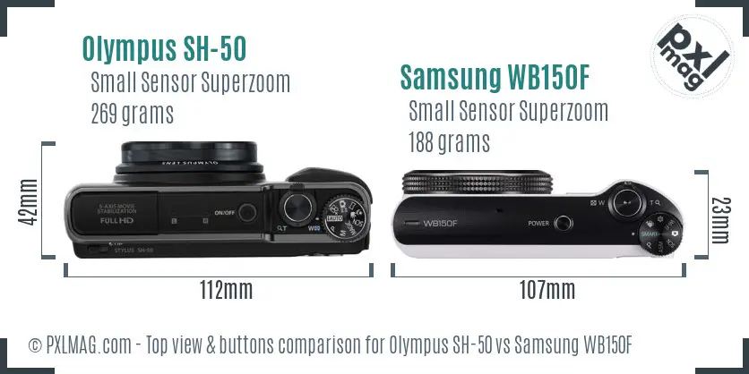 Olympus SH-50 vs Samsung WB150F top view buttons comparison Olympus SH-50 vs Samsung WB150F top view buttons comparison