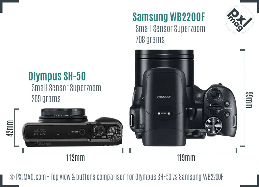 Olympus SH-50 vs Samsung WB2200F top view buttons comparison