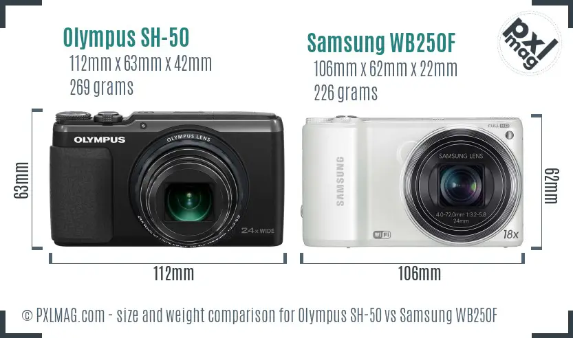 Olympus SH-50 vs Samsung WB250F size comparison