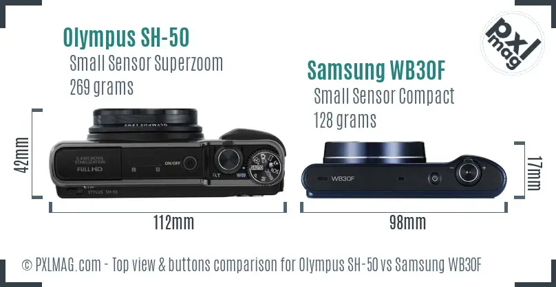 Olympus SH-50 vs Samsung WB30F top view buttons comparison