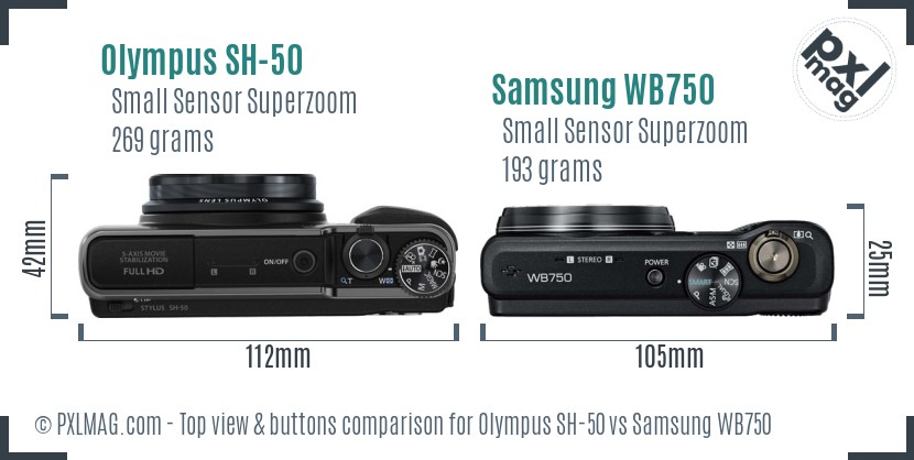 Olympus SH-50 vs Samsung WB750 top view buttons comparison