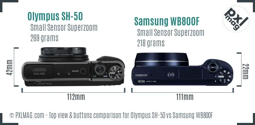 Olympus SH-50 vs Samsung WB800F top view buttons comparison