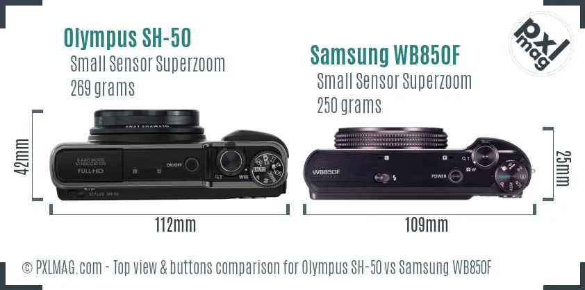 Olympus SH-50 vs Samsung WB850F top view buttons comparison Olympus SH-50 vs Samsung WB850F top view buttons comparison